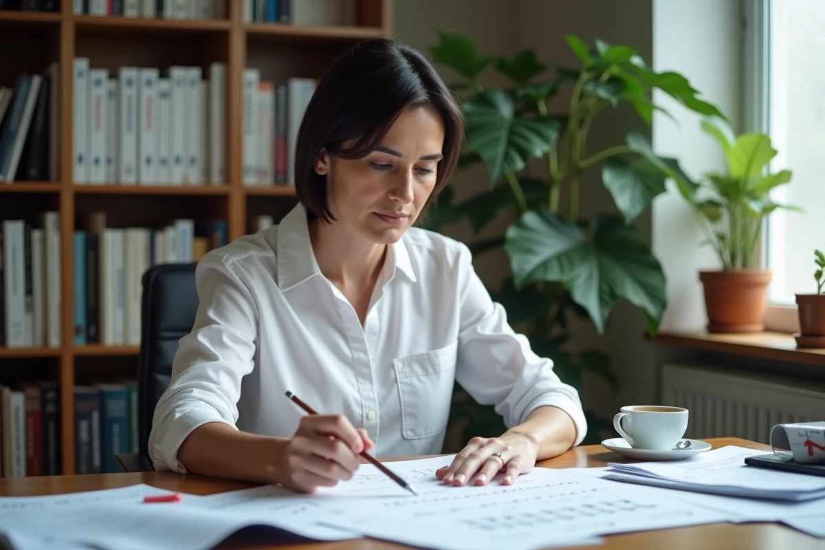 Femme consultant un tableau de conversion kilowatts en chevaux-vapeur sur un bureau avec des documents techniques