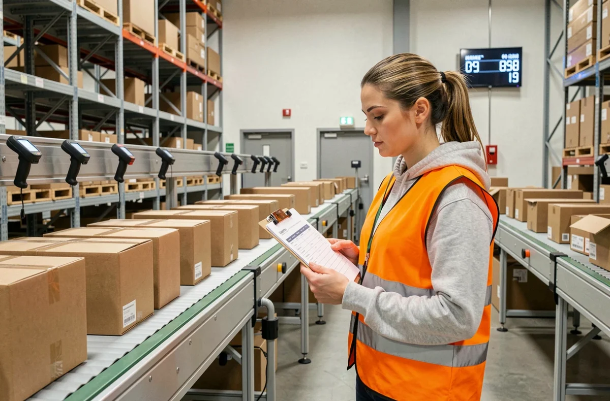 Coordinatrice logistique consultant un planning horaire dans un entrepôt de tri de colis