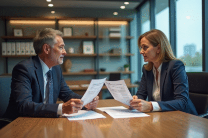 Couple d'affaires discutant de documents d'assurance