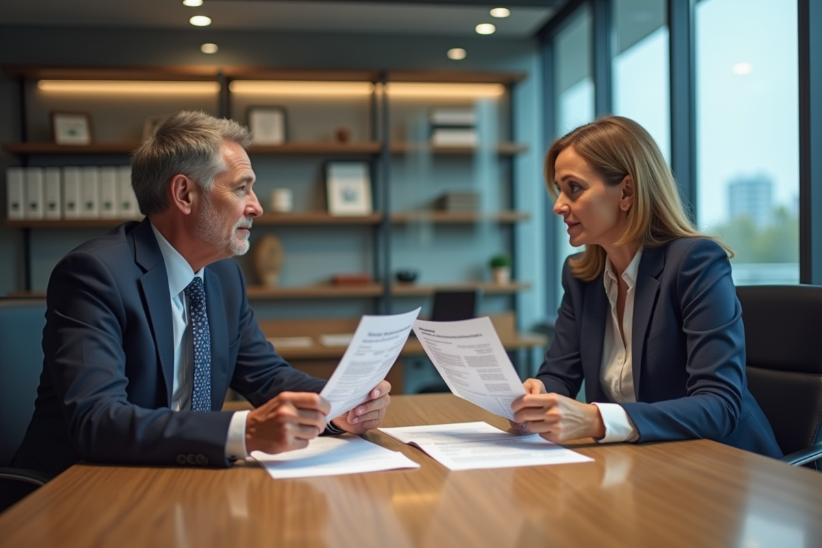 Couple d'affaires discutant de documents d'assurance