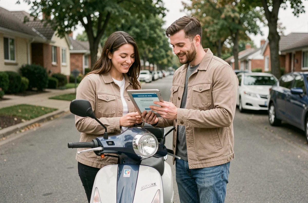 Couple consultant une confirmation d'assurance scooter en ligne sur tablette près de leur scooter dans une rue résidentielle