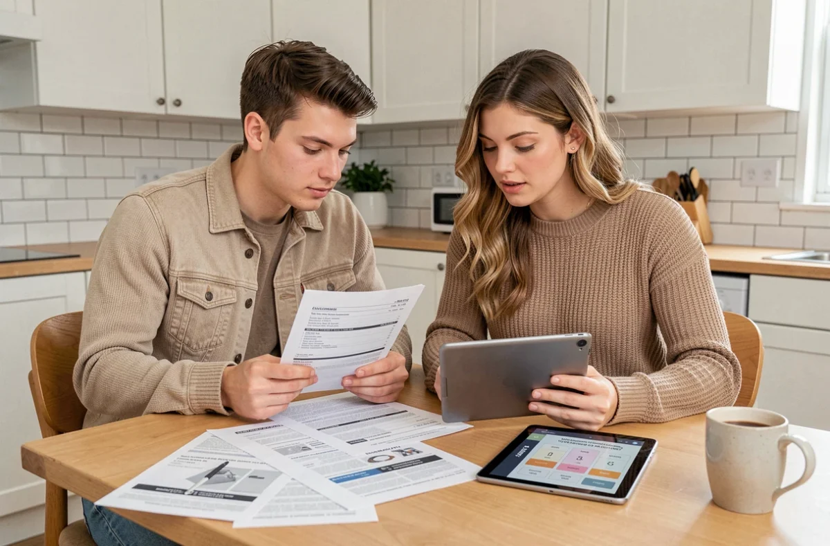 Couple comparant des devis d'assurance automobile sur tablette et documents imprimés dans une cuisine moderne