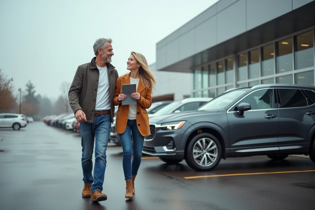Couple visitant un concessionnaire automobile pour choisir un SUV adapté à leur budget, guide auto-moto en main
