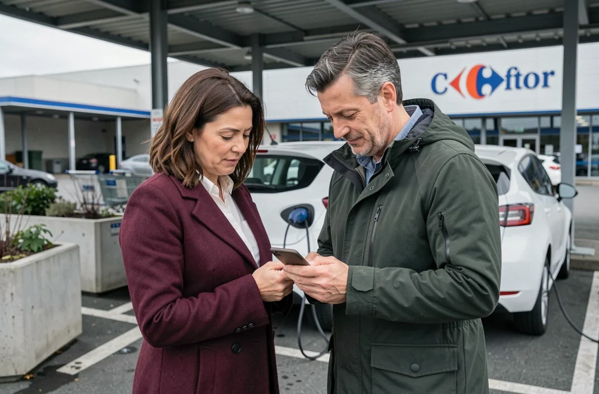 Couple consultant son téléphone devant un Carrefour pendant que leur voiture électrique est en charge