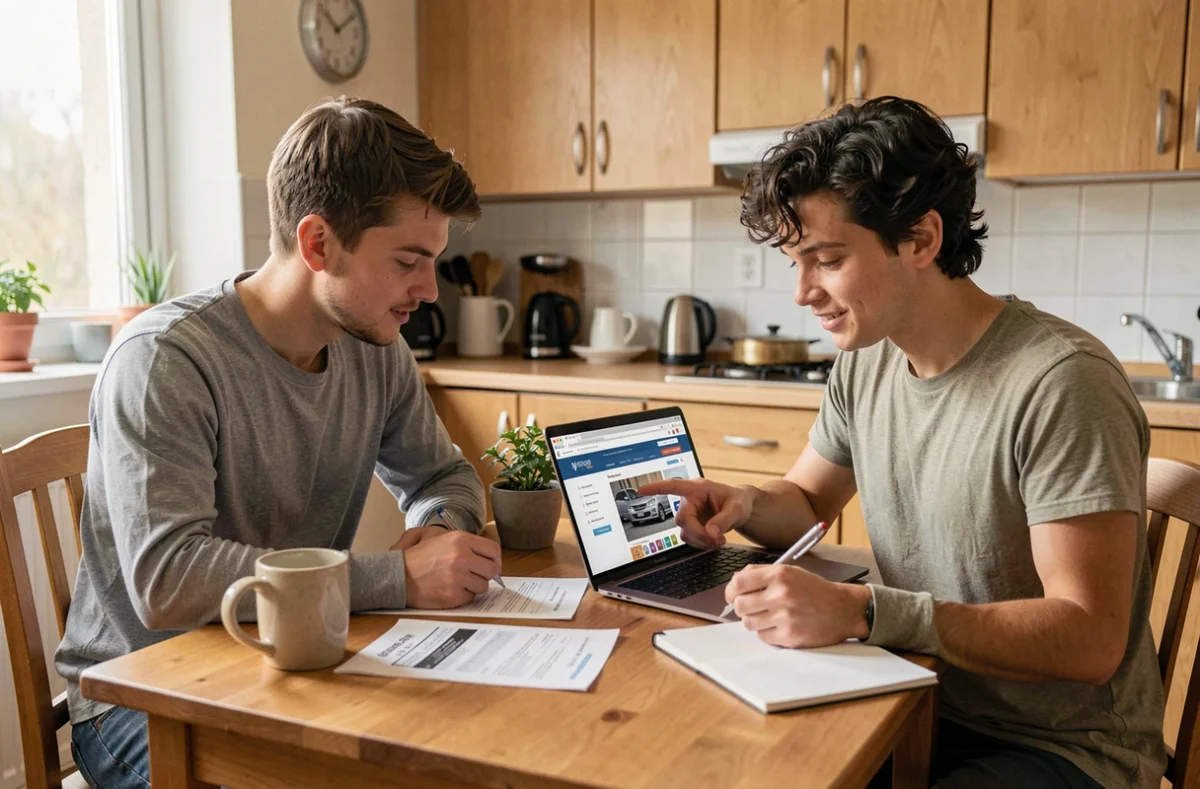 Jeune couple comparant des devis d'assurance auto sur ordinateur et documents papier à la maison