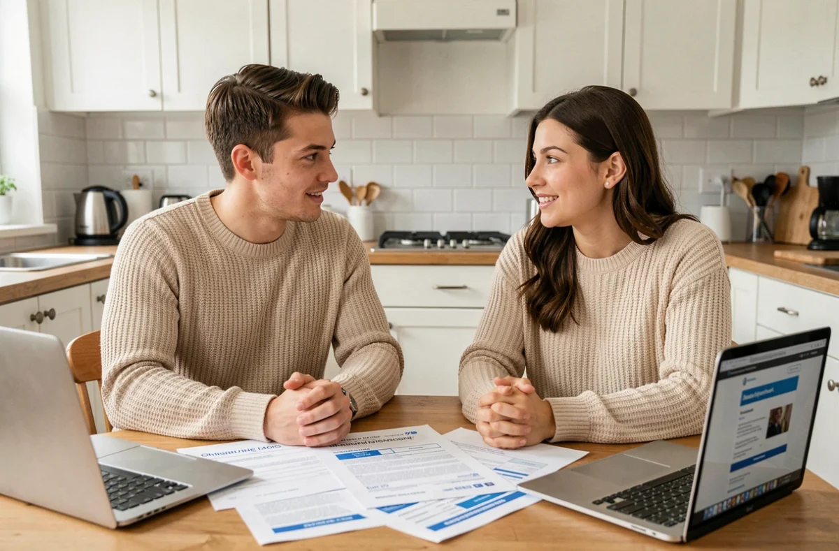 Jeune couple comparant des devis d'assurance auto Suravenir à la table de leur cuisine