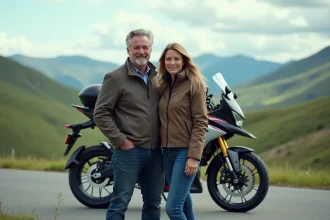 Couple en moto sur route de campagne avec paysage montagneux