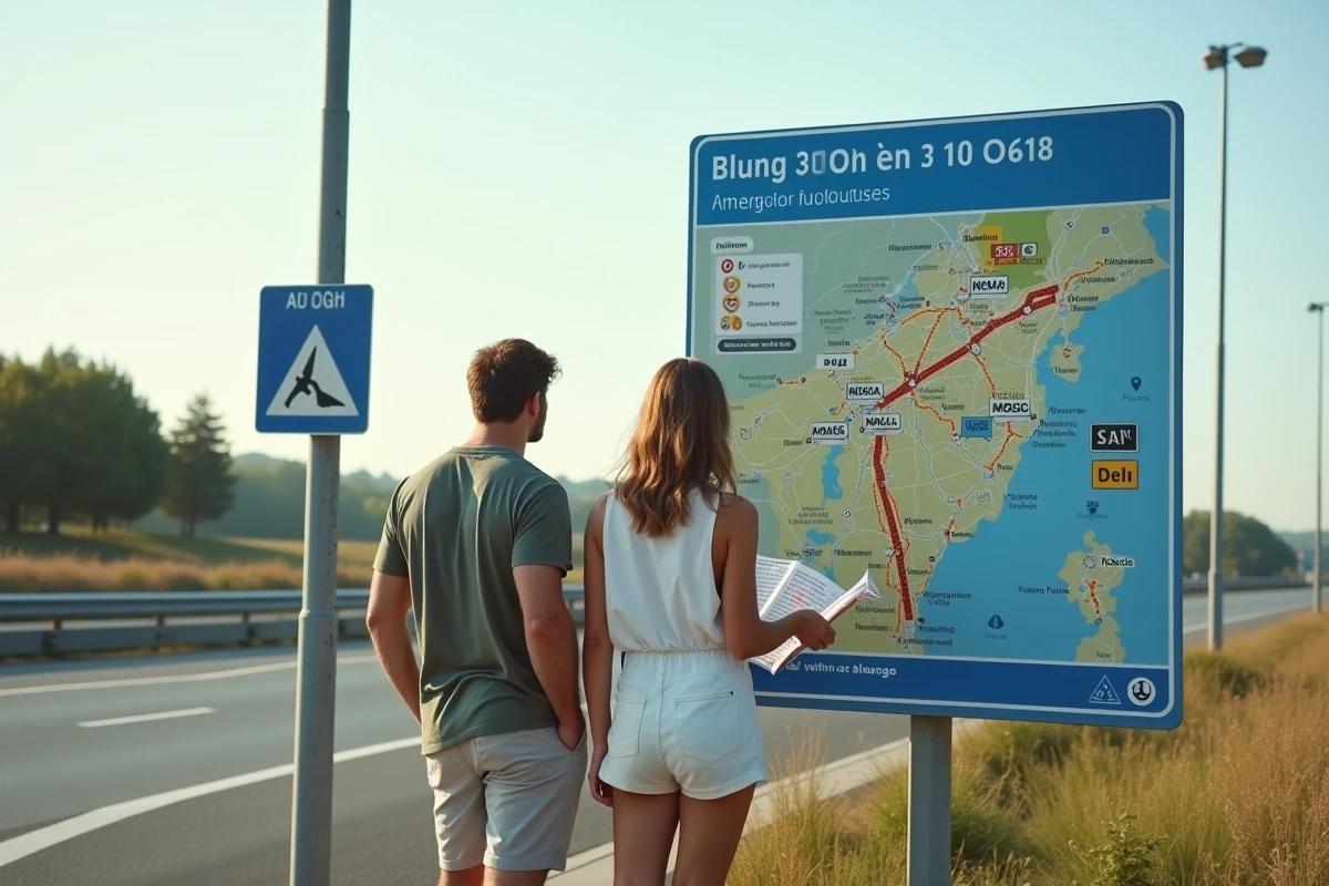 Couple étudiant un panneau cartographique autoroutier français près d'une sortie pour éviter les embouteillages