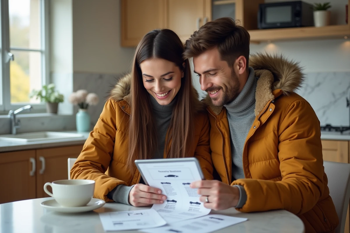 Couple établissant une sélection de voitures sur tablette et liste papier dans leur cuisine