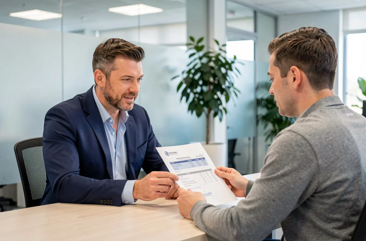 Courtier en assurance expliquant le système de bonus-malus moto à un client en agence
