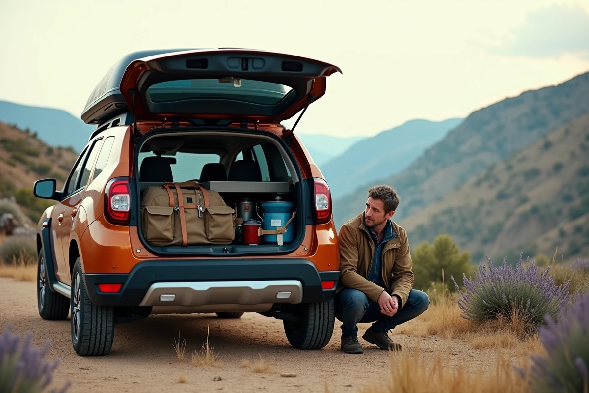 Dacia Jogger en bivouac dans un paysage de campagne française avec propriétaire inspectant le véhicule