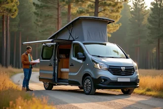 Dacia Jogger aménagé en camping-car garé en forêt avec un couple consultant une carte routière