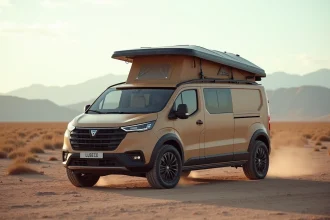 Concept van Dacia Sandman garé sur un plateau rocheux avec une tente de toit déployée, vue en perspective 3/4 grand-angle avec paysage sauvage en arrière-plan