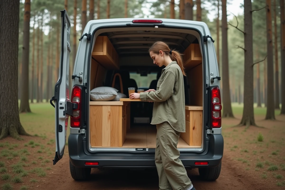 Jeune femme organisant l'intérieur aménagé d'un van Dacia Sandman concept dans une clairière de forêt de pins