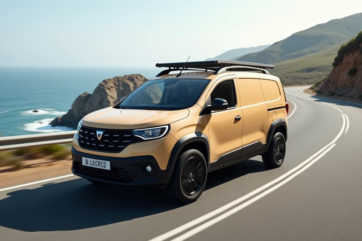 Van concept Dacia Sandman en mouvement sur une route côtière sinueuse avec falaises et océan en arrière-plan