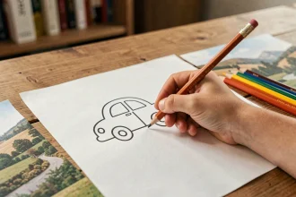 Dessin de voiture à imprimer avec fond de paysage posé sur un bureau en bois, main d'enfant tenant un crayon de couleur