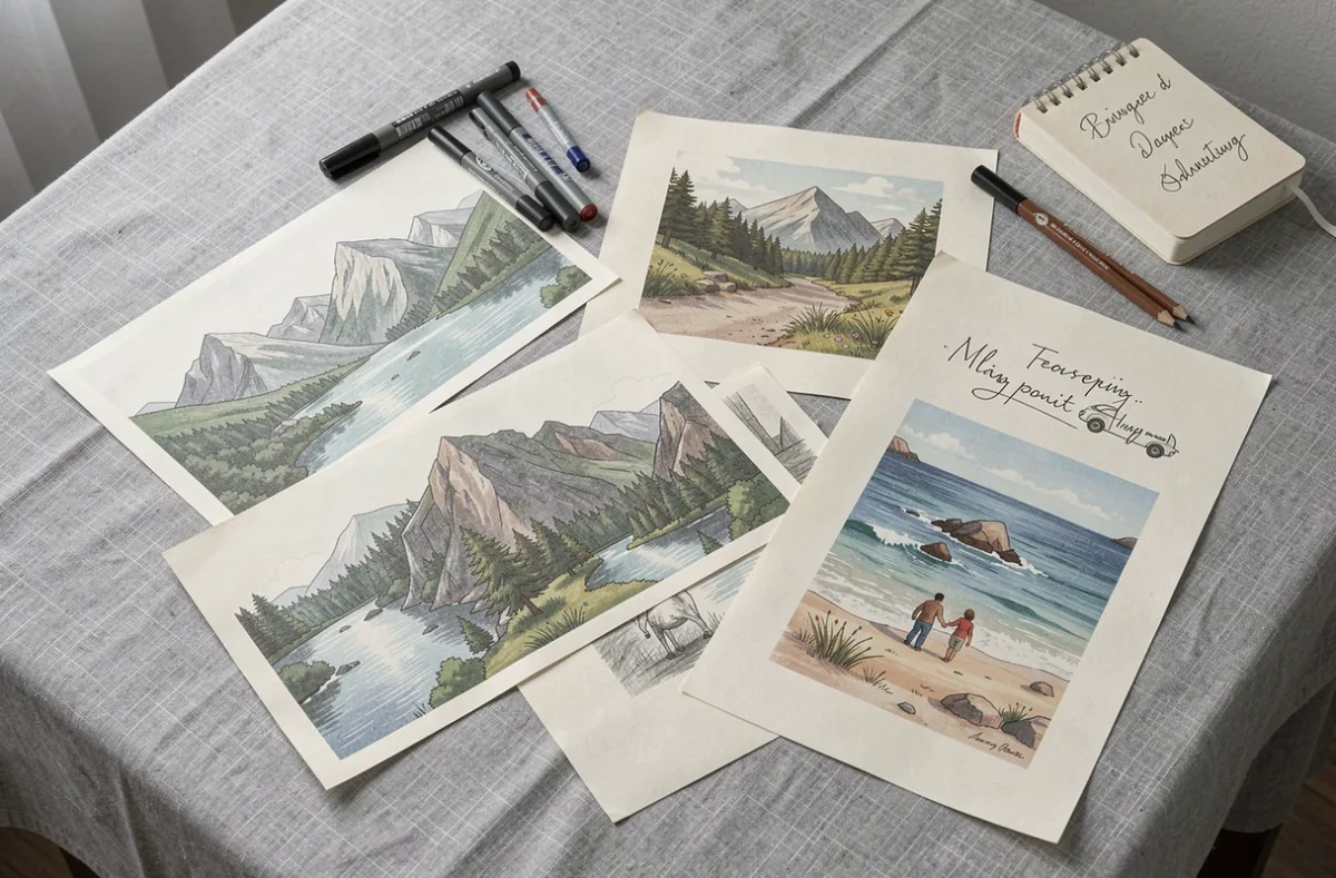 Plusieurs dessins de voitures imprimés avec différents fonds de paysage disposés en flat lay avec des crayons et un carnet