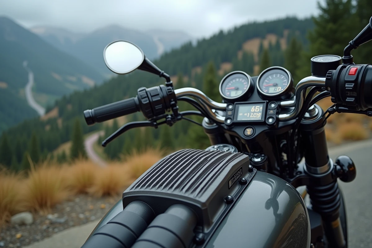 Gros plan sur le moteur et le tableau de bord numérique d'une moto haute performance garée sur une route de montagne sinueuse