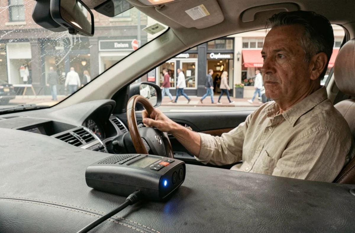 Détecteur de traceur GPS posé sur le tableau de bord d'une voiture avec conducteur vigilant en ville