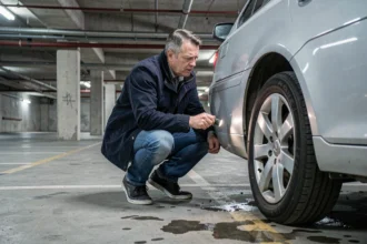 Homme inspectant le dessous de sa voiture à la recherche d'un traceur GPS caché dans un parking souterrain