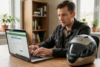 Homme comparant des devis d'assurance moto en ligne sur un ordinateur portable à son bureau à domicile
