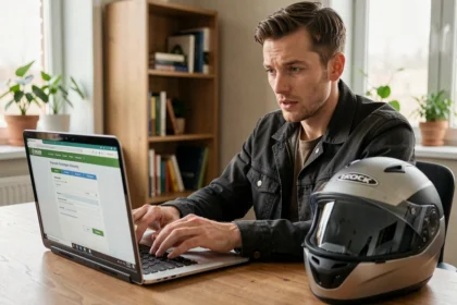 Homme comparant des devis d'assurance moto en ligne sur un ordinateur portable à son bureau à domicile