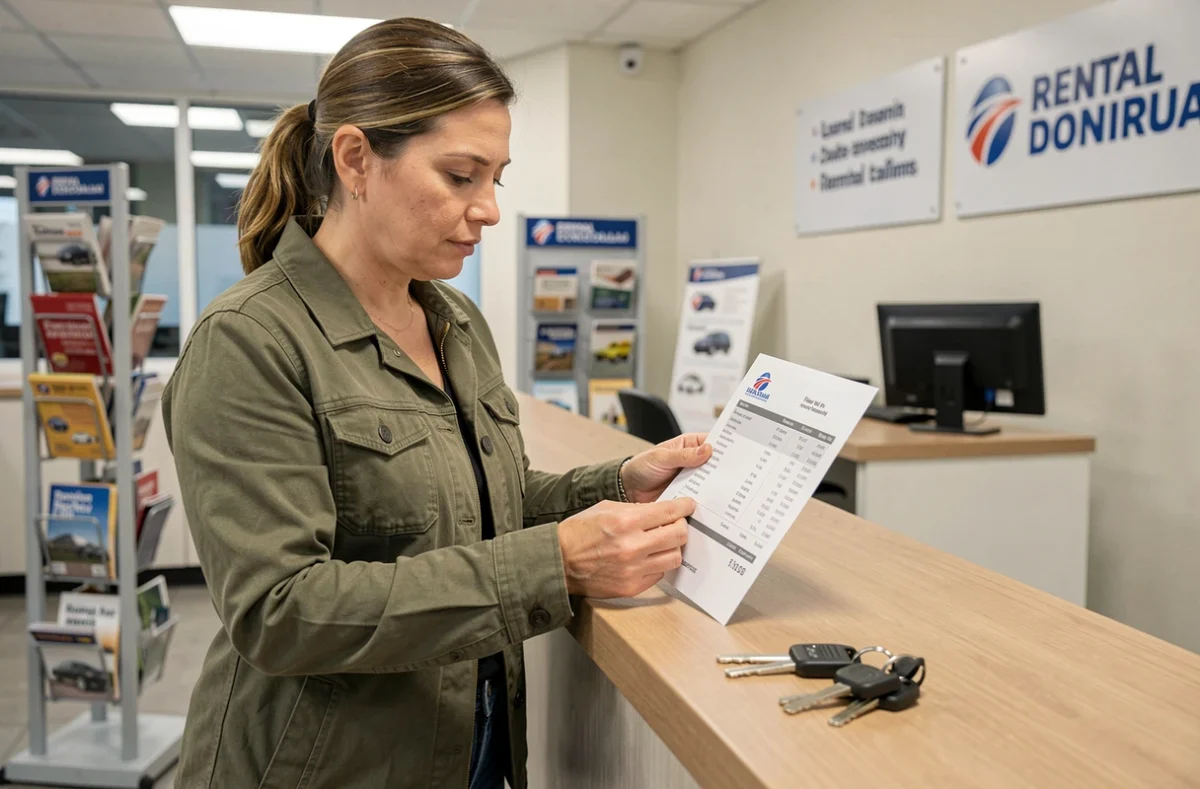 Femme consultant un devis de location de camion déménagement au comptoir d'une agence