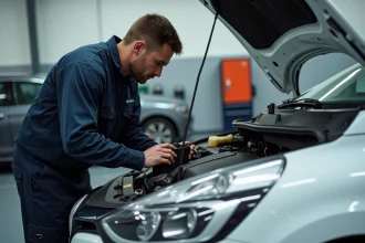 Mécanicien professionnel branchant un scanner OBD2 sur une Renault Clio 5 dans un garage automobile moderne
