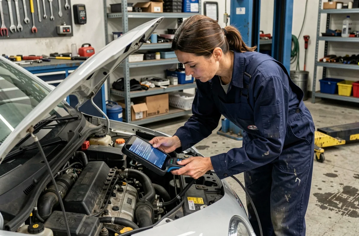 Mécanicienne effectuant un diagnostic électronique OBD sur un moteur de citadine compacte en atelier, détection de pannes moteur 1.2