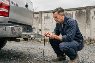 Technicien automobile diagnostiquant une panne de feux arrière sur une prise remorque avec un multimètre