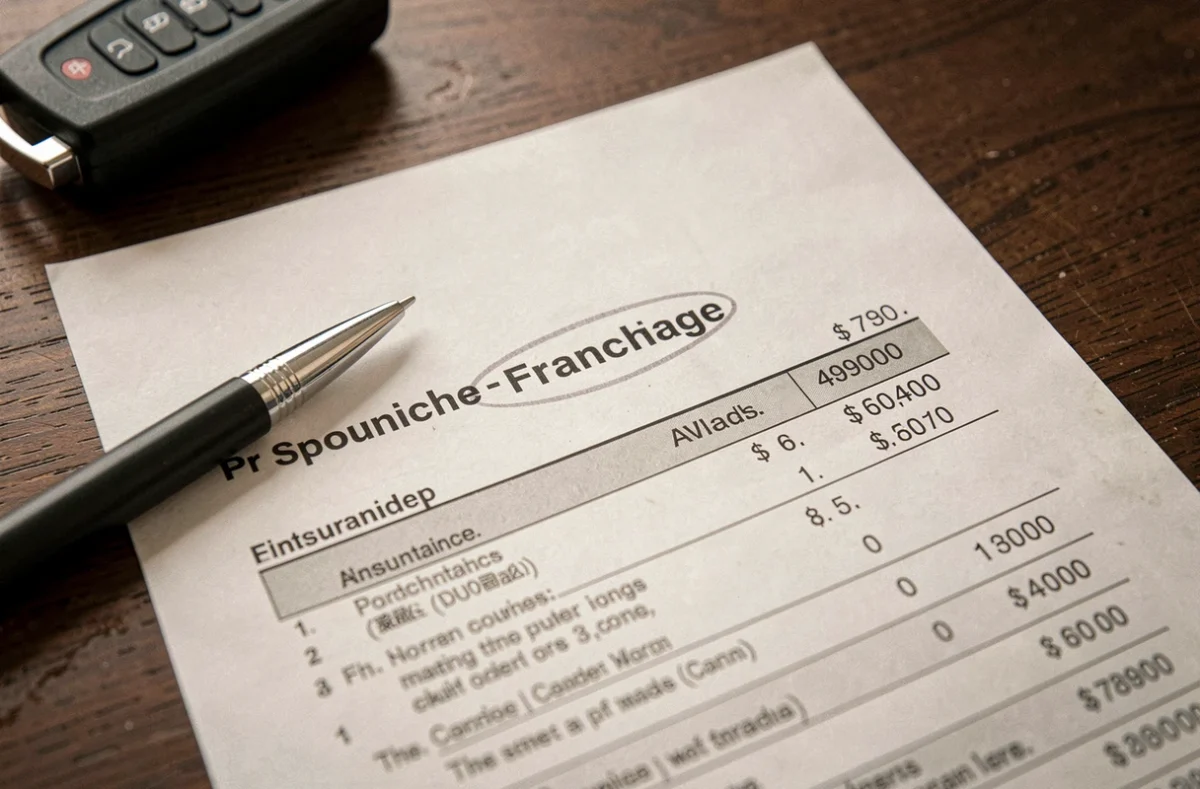 Gros plan d'un document de contrat d'assurance auto avec la section franchise mise en évidence et un stylo posé dessus