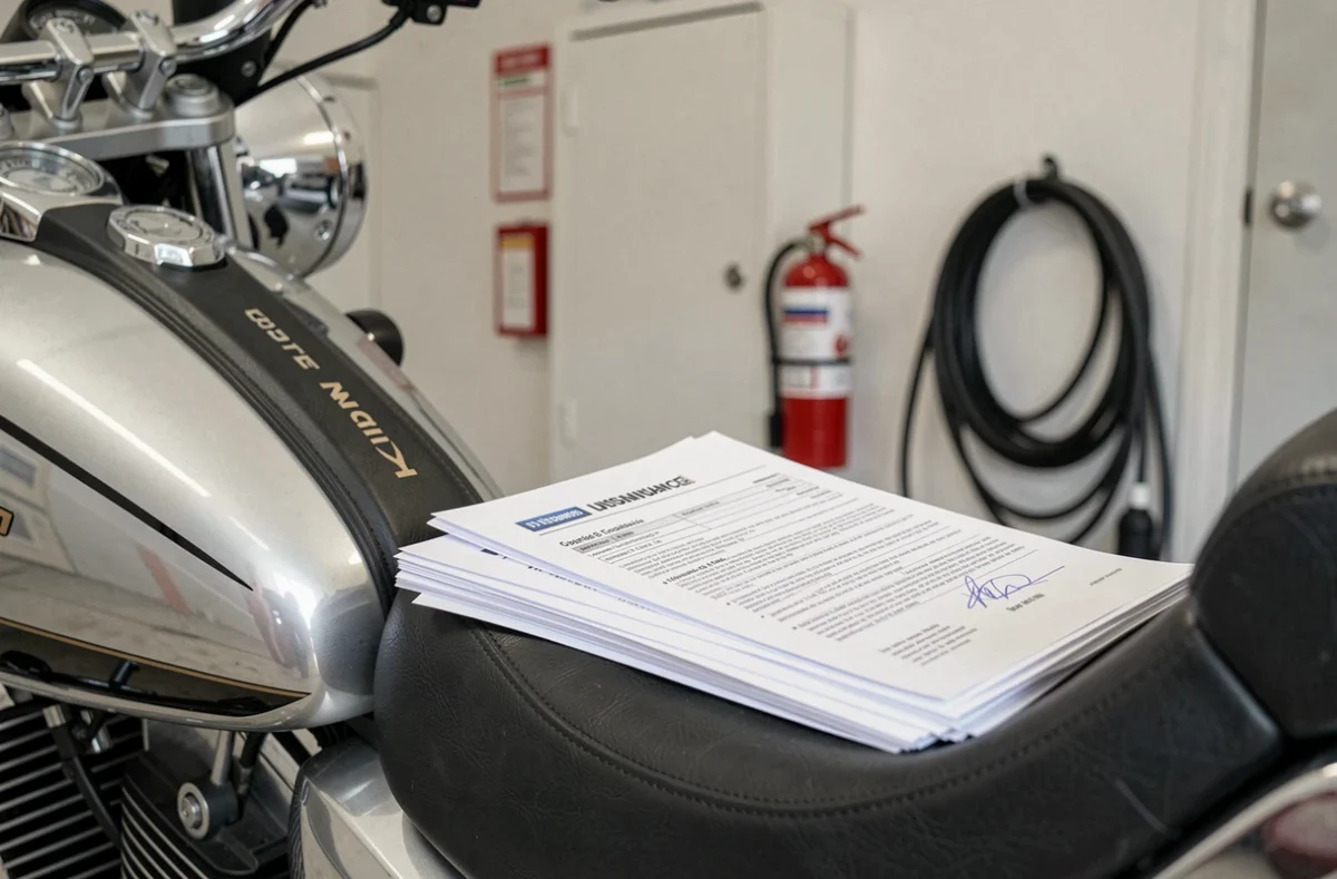 Documents d'assurance posés sur une moto garée dans un garage privé, symbole de protection et de couverture du local moto