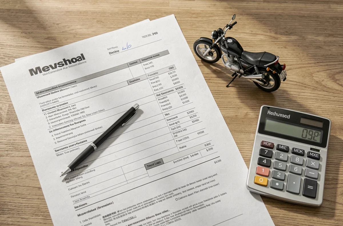 Documents d'assurance moto avec calculatrice illustrant la réduction de prime grâce au bonus