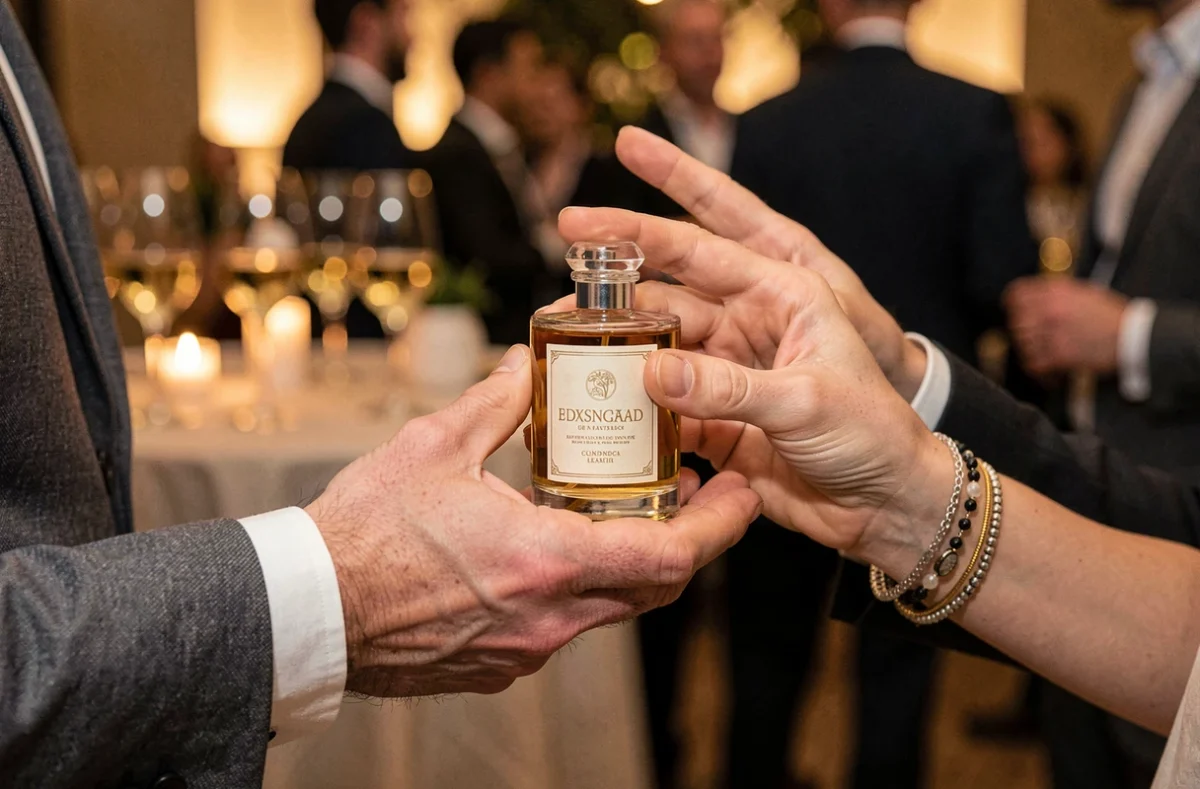 Échange d'un flacon de parfum personnalisé entre deux personnes lors d'un événement de networking, symbolisant le parfum comme signature personnelle et outil de mise en réseau