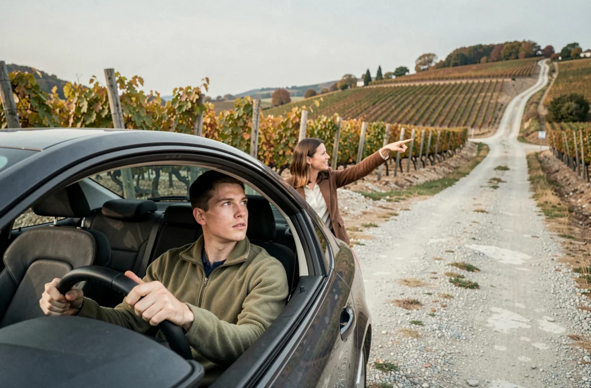 Monitrice de l'École de Conduite du Chablisien et élève en leçon de conduite au bord des vignes de Chablis