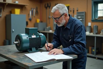 Électricien homme en tenue de sécurité examine un moteur électrique dans un atelier
