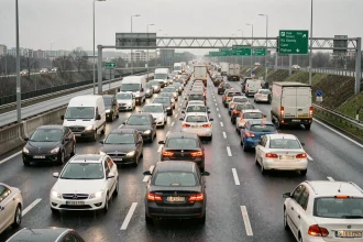 Embouteillage sur l'autoroute près de Rennes après un accident, vue depuis un pont autoroutier