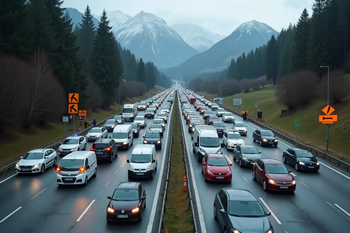 Vue d'ensemble d'un embouteillage sur une route périurbaine de Chambéry avec déviation mise en place suite à un accident de la route impliquant des usagers vulnérables
