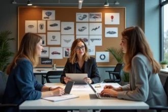 Groupe de professionnels créatifs discutant logos automobiles