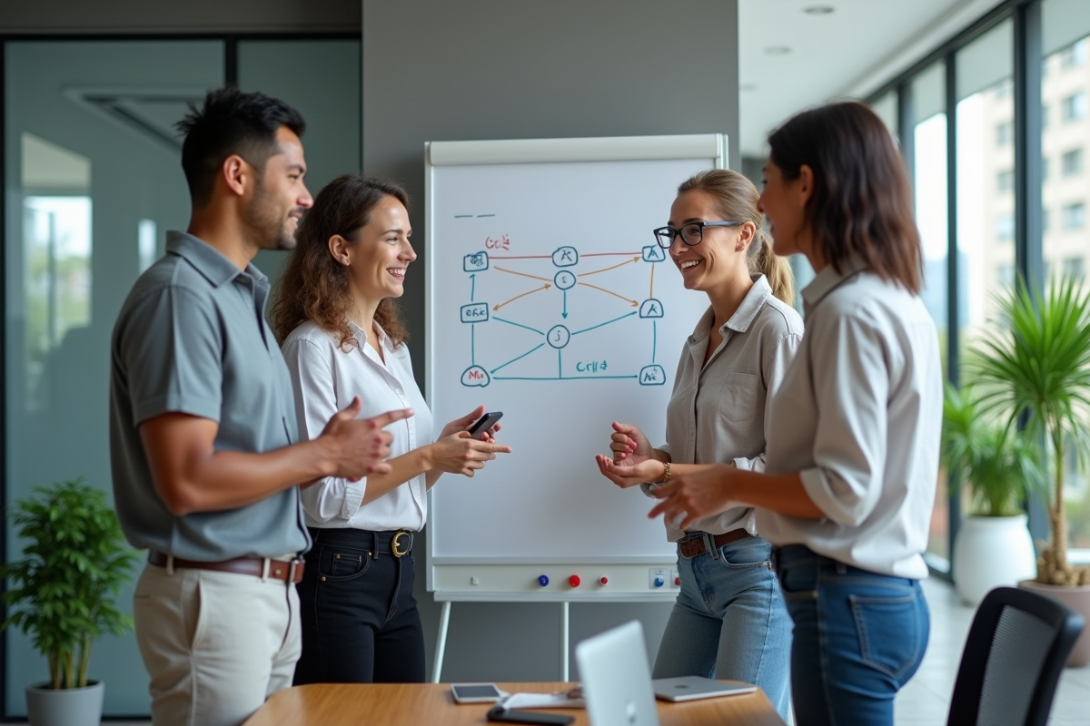 Groupe de trois ingénieurs réseau discutant autour d