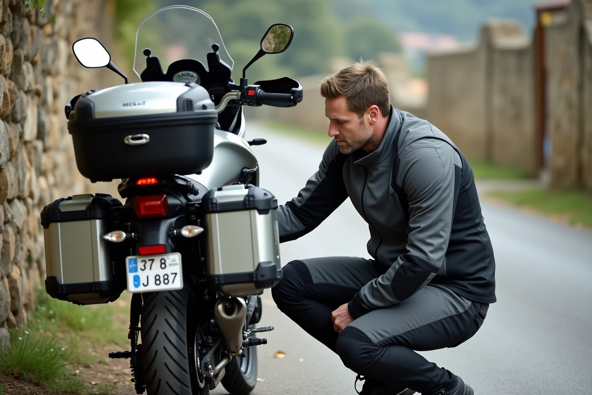 Motard inspectant les valises rigides montées sur un trail moto chargé pour un voyage en duo