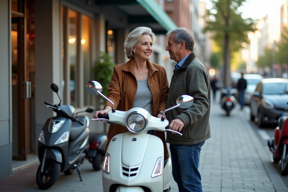 Femme examine un scooter devant un magasin en ville