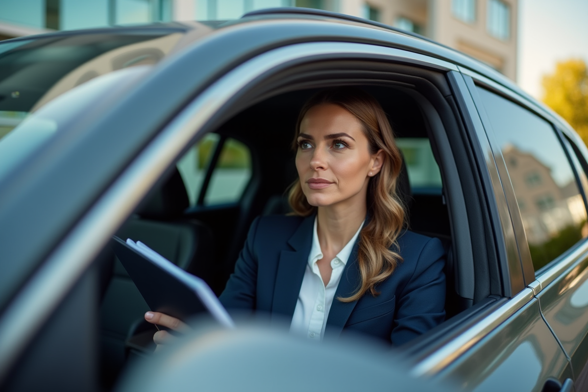 Femme d affaires en costume dans une voiture moderne