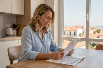 Femme consultant des documents d'assurance auto à son domicile à Martigues avec vue sur la ville méditerranéenne