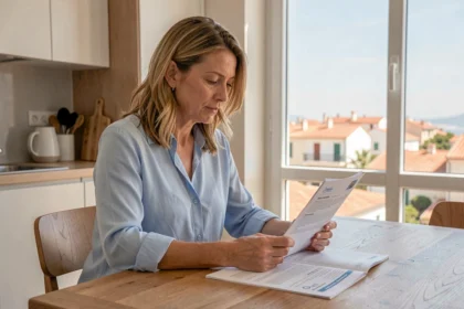 Femme consultant des documents d'assurance auto à son domicile à Martigues avec vue sur la ville méditerranéenne