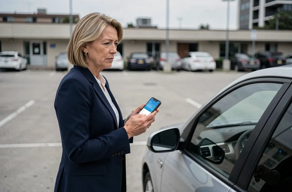 Femme consultant son application d'assurance auto sur smartphone debout à côté de sa voiture en parking urbain