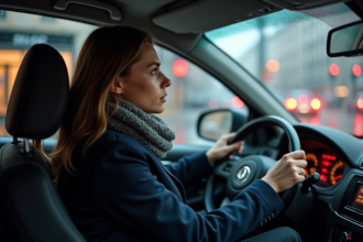 Jeune femme dans sa voiture anxieuse au feu orange