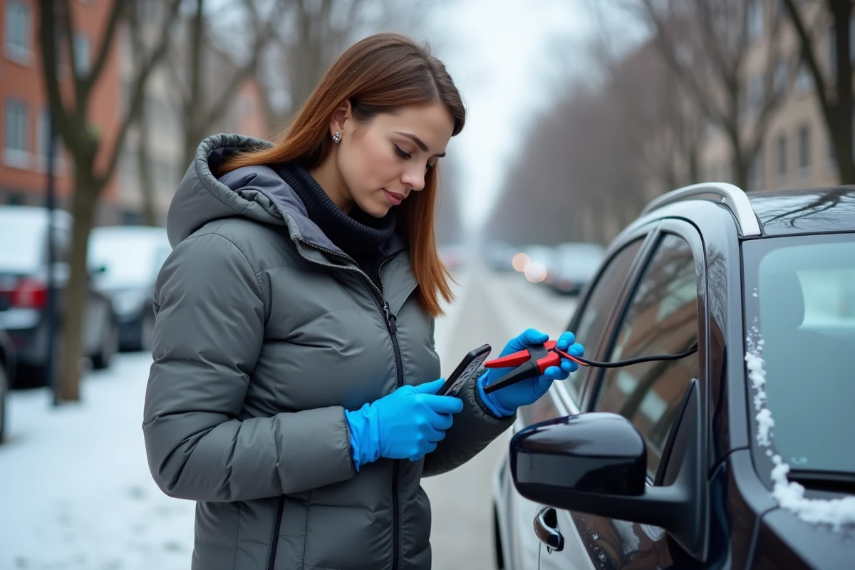 Femme connectant une pince de masse noire sur une batterie de voiture en ville en suivant les instructions sur son téléphone