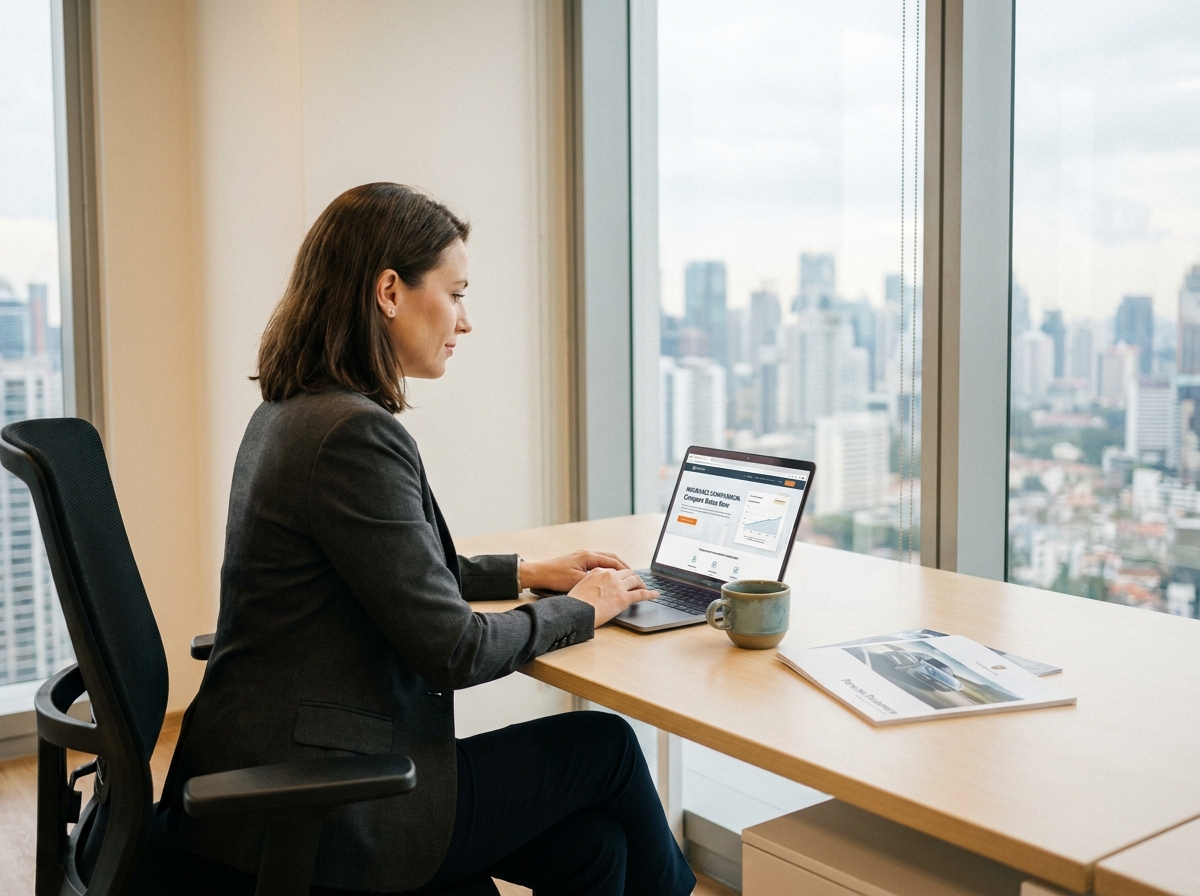 Femme comparant des offres d'assurance Porsche Panamera sur ordinateur dans un bureau moderne avec vue sur la ville
