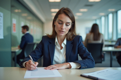 Femme remplissant un formulaire dans un bureau administratif
